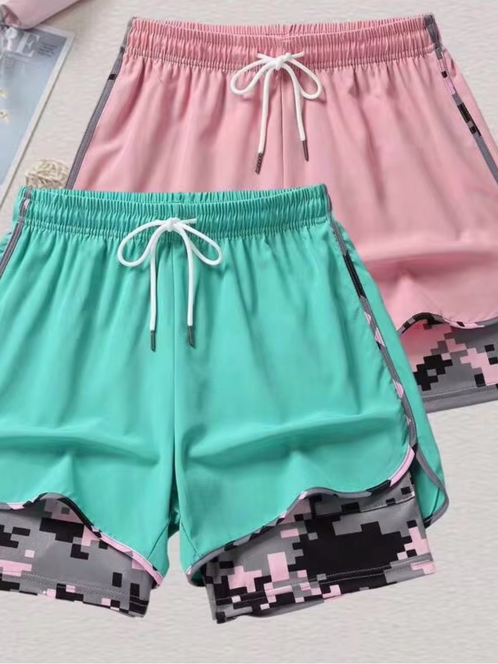 Women's Layered Active Shorts with Pink Camo Liner- 3 pack- pink, green and teal